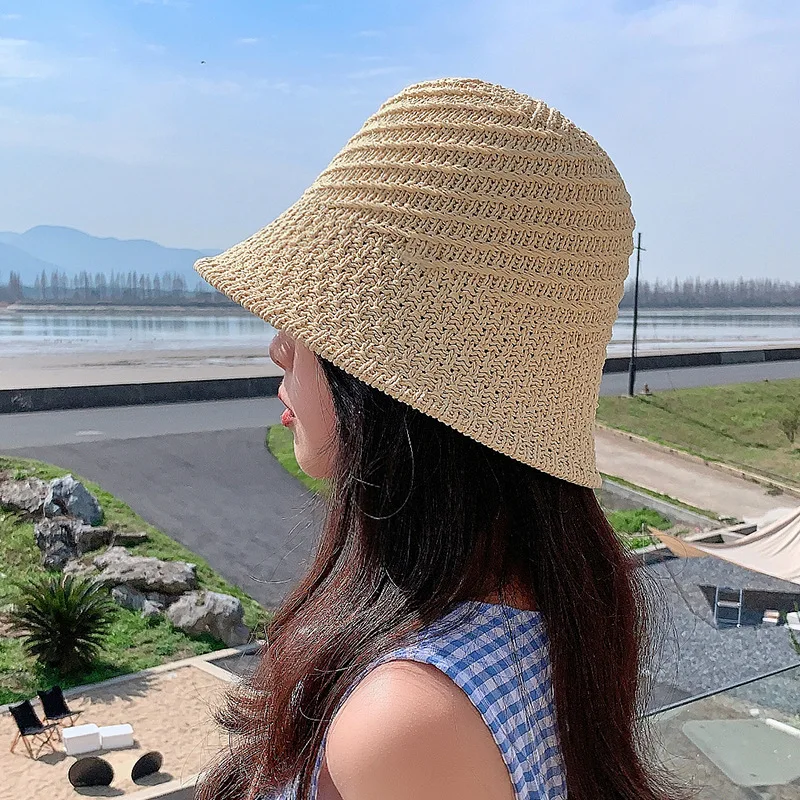 New Design Foldable Floppy Fashion Bucket Hat Handmade Crochet Women Sun Straw Hats Spring