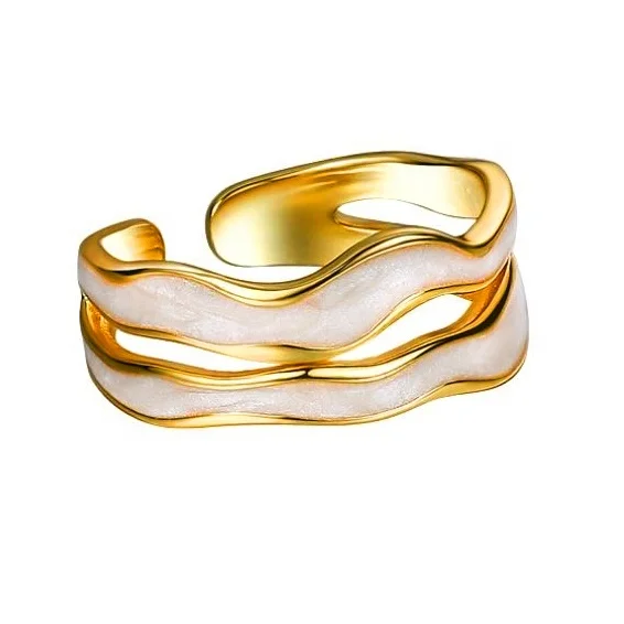 Milskye wholesale fashion jewelry 925 sterling silver 18k gold fine wave design white enamel open ring for women