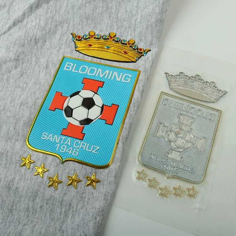 Customized Gold Metallic Clothing Logo Printing Branding Iron on Rubber TPU Embossed Clothes Patches for Sports Wear