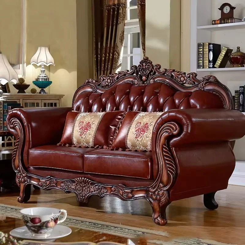High-Quality European Leather Sofa Wood Hot-Selling Luxury Brown Vintage Sofa Elegant  Furniture Premium Leather Upholstery