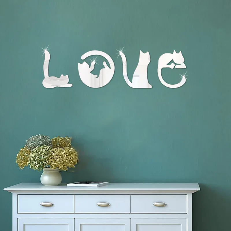 Acrylic wall sticker cat LOVE living room bedroom wall creative self-pasting background wall decoration