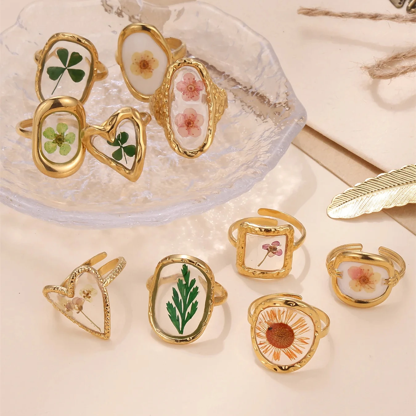 Vintage Kinds Of Flower Ring Real Flowers And Plants Fashion Jewelry Rings Lady Women Stainless Steel 18k Gold Plated Rings