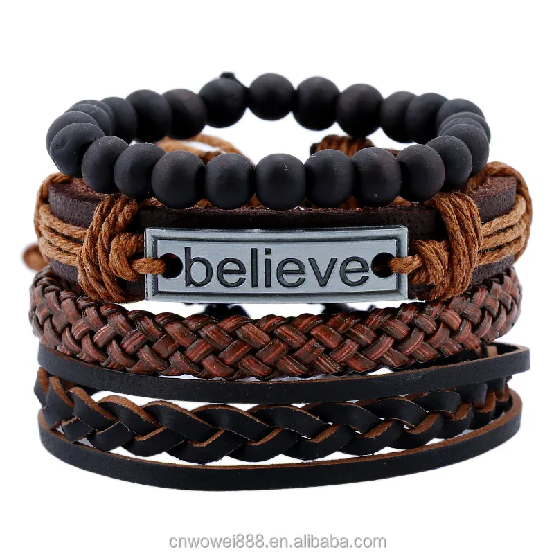 Wowei Set Punk Style Multilayer Vintage Cowhide Wood Bead Retro Woven Leather Jewelry Design Believe Bracelet For Men gifts