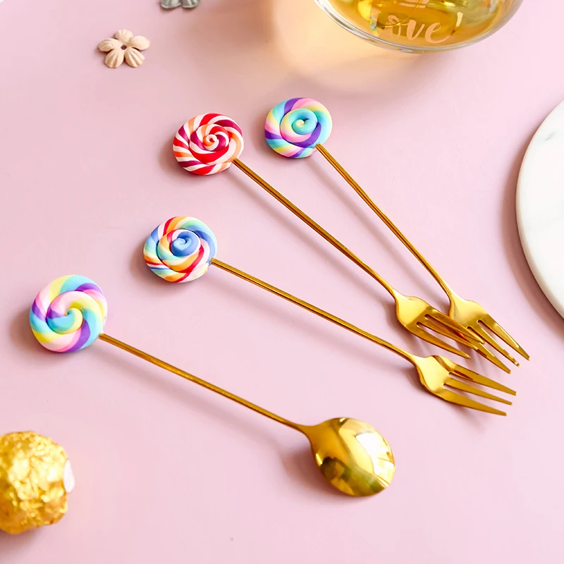 Wholesale Wedding Cutlery Child Rose Gold Stainless steel Candy Shaped Dessert Coffee Mixing Ice Cream Milk Tea Fork Spoon Set