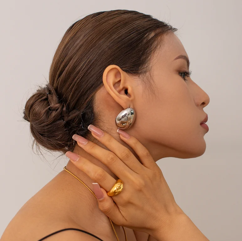 Zhilin 361L Stainless Steel 18k Gold Plated Exaggerated Big Round Ball Beads Stud Earrings Statement Women Waterproof Jewelry