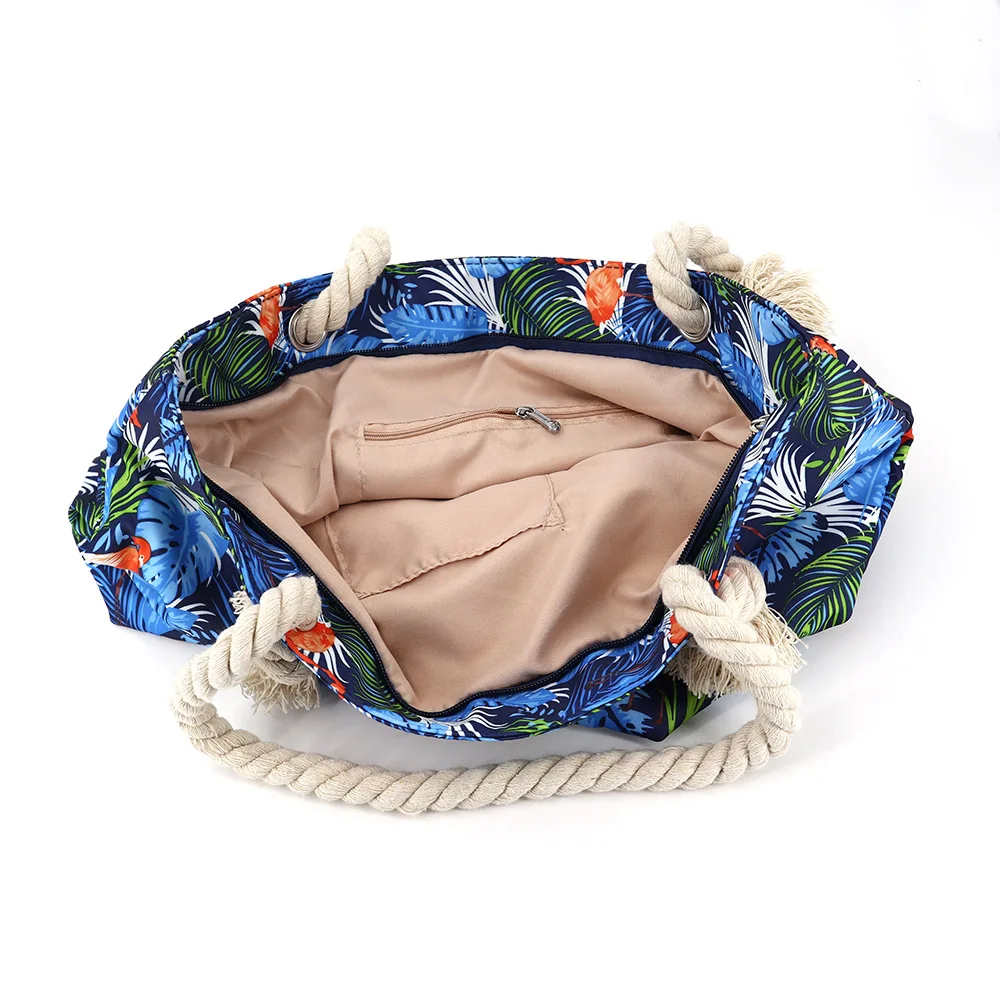 Customized Fashion Elements Flamingo Pattern Digital Printing Thick Rope Cotton Canvas Beach Bag