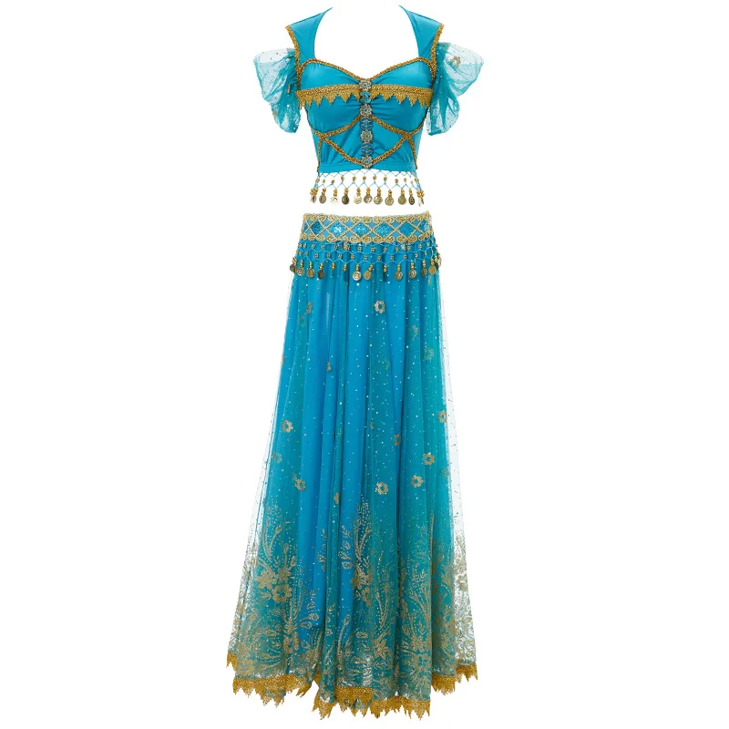 Ladies Halloween Dress Up luxurious Shiny Golden Pattern Indian Cosplay Aladdin Jasmine Princess Belly Dance Bollywood costumes