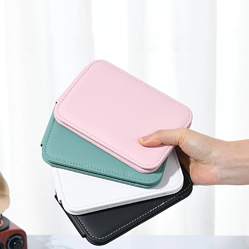 Portable Folding Large Makeup Mirror Pink PU Leather Vanity Mirror With Stand For Desk Table