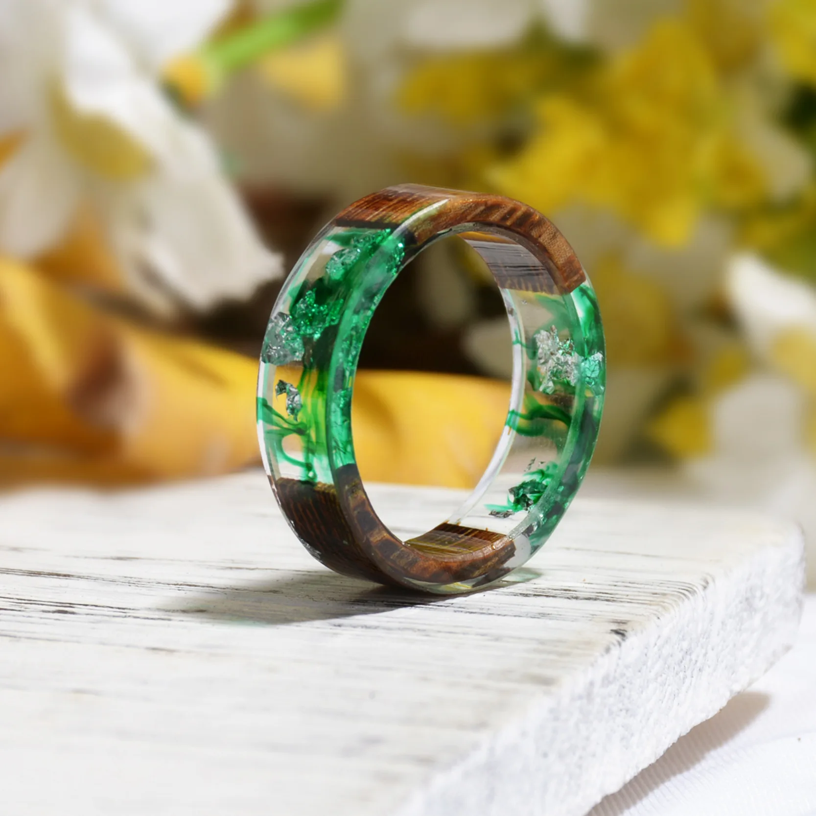 Women Men Party Wooden Round Rings For Men Vintage Clear Wood Resin Handmade Dried Flower Epoxy Rings Secrets Wood Ring Jewelry