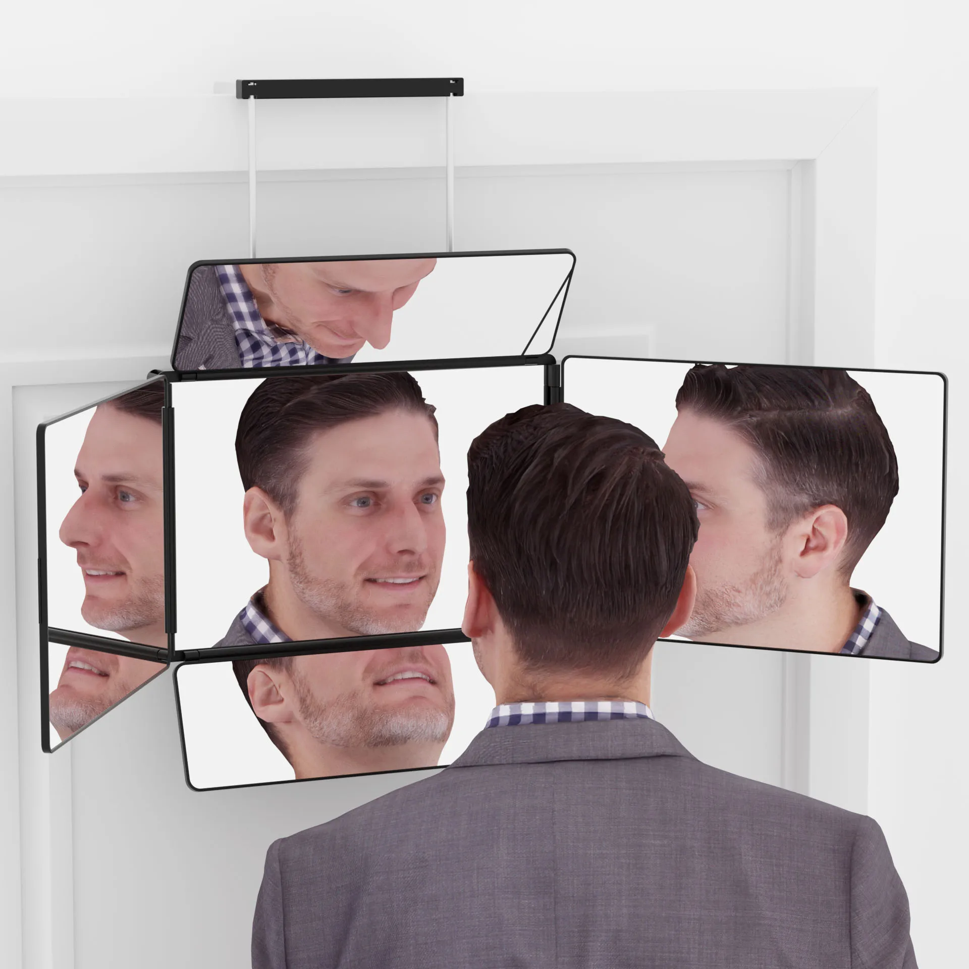 5 Way Mirror for Hair Cutting With LED Light Portable 360 Trifold Barber Self Cut Mirror with Height Adjustable Hooks