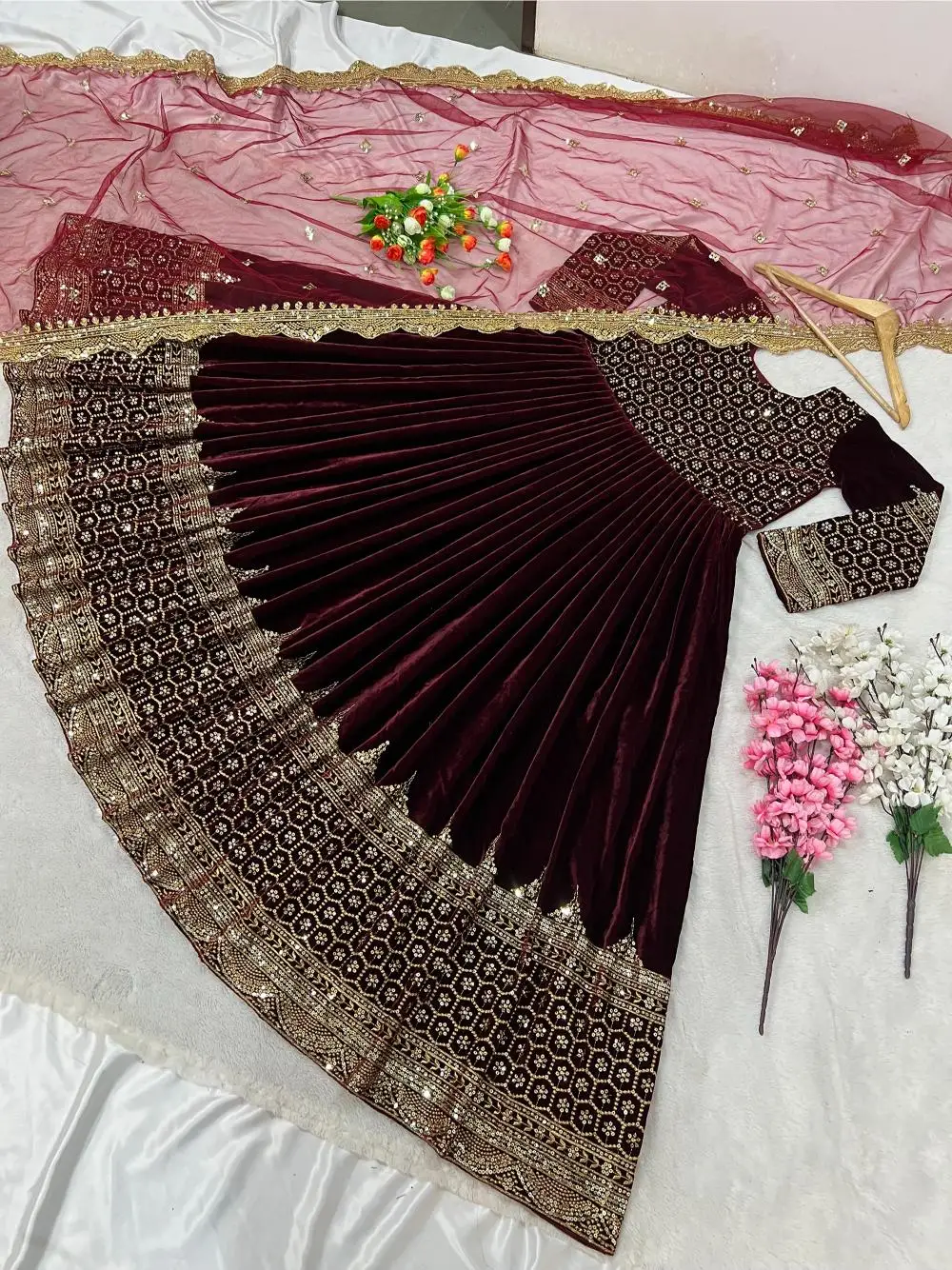 New Designer Party Wear Heavy Viscos Velvet With Heavy Embroidery Sequin Work Gown With Dupatta Anarkali Suit at Low Price