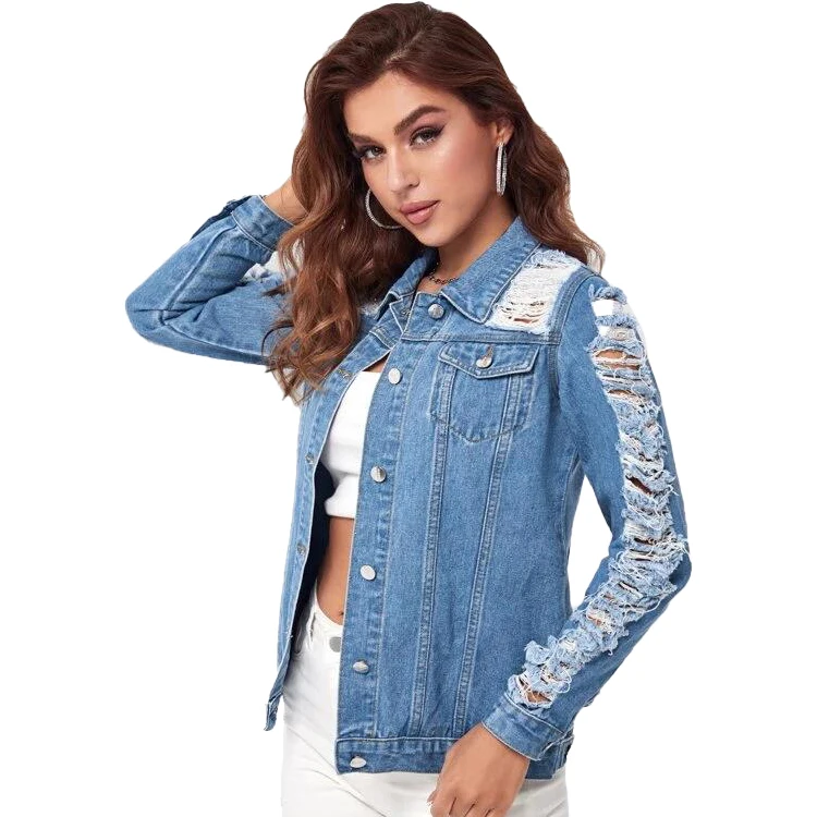 New design Ladies Denim Jacket Women Coat Casual Ripped Holes Womens Jean Jackets