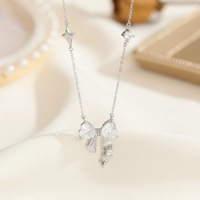 S925 Sterling Silver Star Bow Zircon Jewelry Necklace INS Style Korean Internet Celebrity Niche Design Sense Clavicle Chain