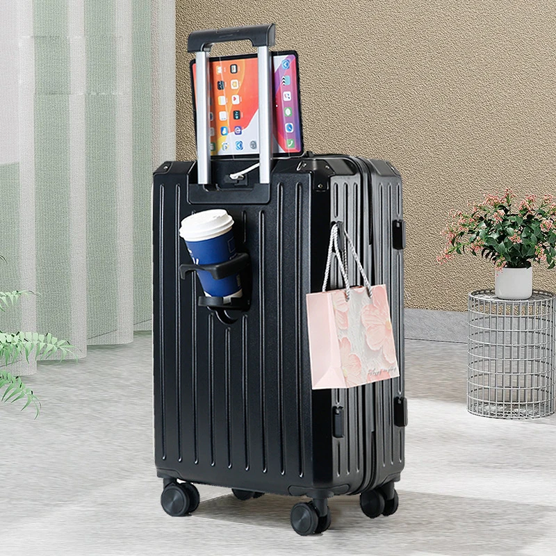 Multifunctional suit case with USB charging and cup holder carry on luggage Trolley Suitcase water proof smart luggage