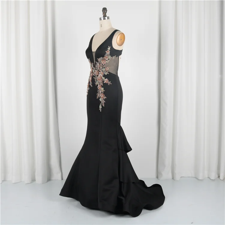 
Real Picture Elegant Deep V Neck Satin Beading Pleated Formal Black Sexy Mermaid Prom Birthday Dresses 