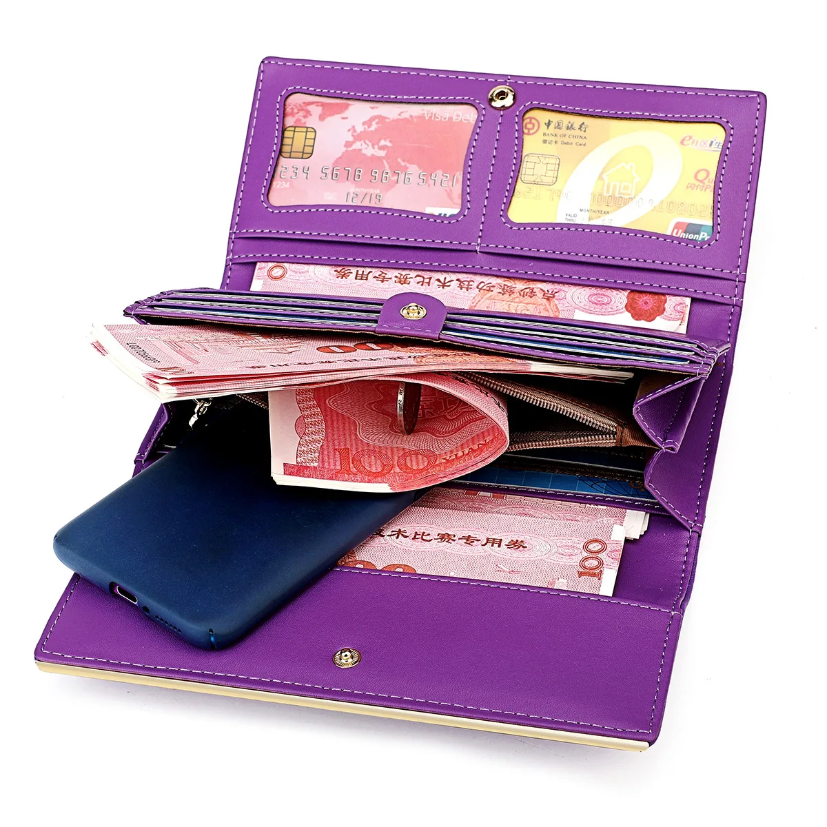 2023 New Arrival Large Matinee Soft Genuine Leather Purse with Inner Zip (Purple/Red/Pink/Blue) for Ladies/Women