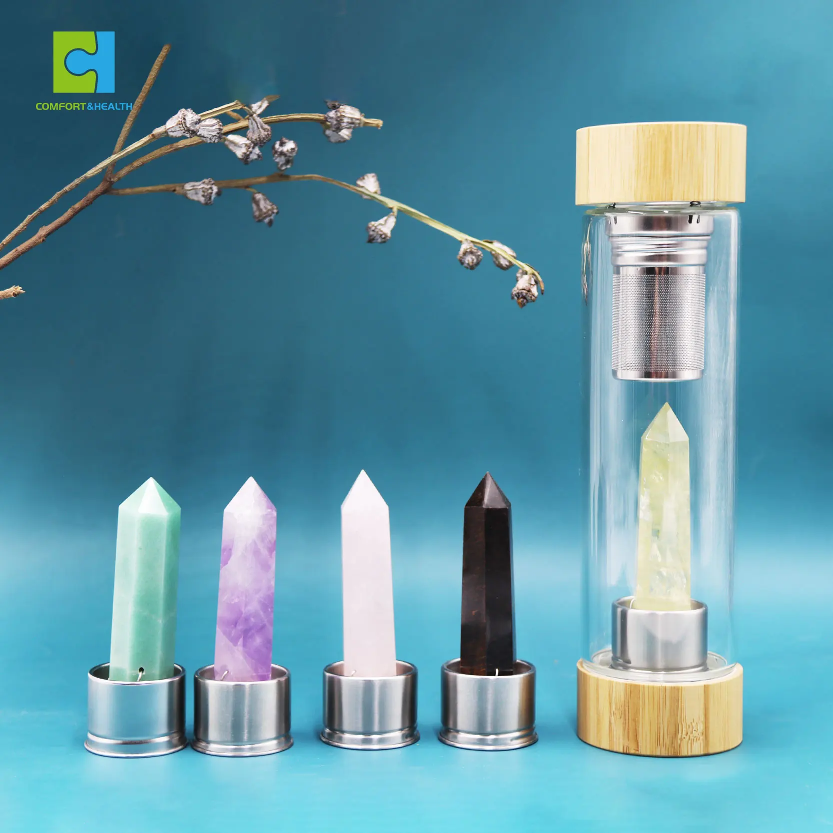 Private Label Rose Gold Healing Natural Gemstone Quartz Infused Elixir Glass Crystal Water Bottles