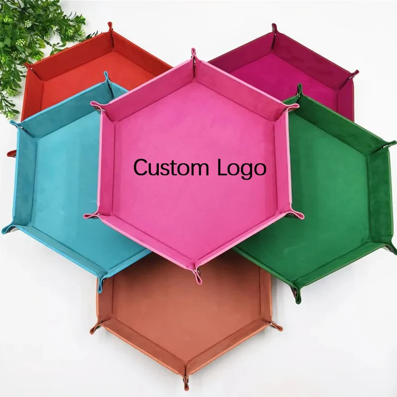 Multi-color Custom Logo Gambling Dice Holder PU Leather Velvet Folding Hexagon Dice Tray for RPG DND Table Games