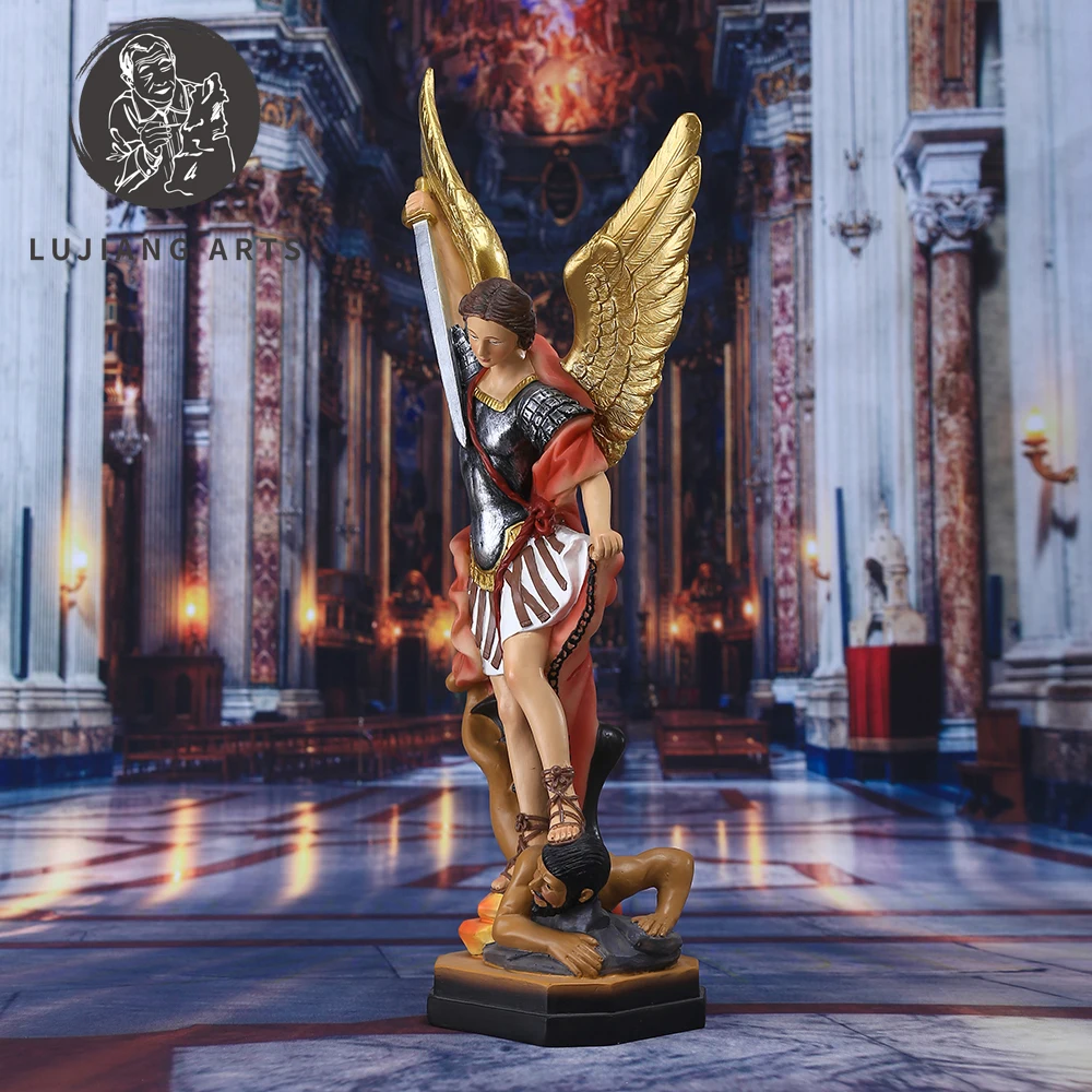 12inch Saint Michael Statue Resin Angel Sculpture Decoration Michael Archangel Defeated Tramples Demon Figurine Religious Gift