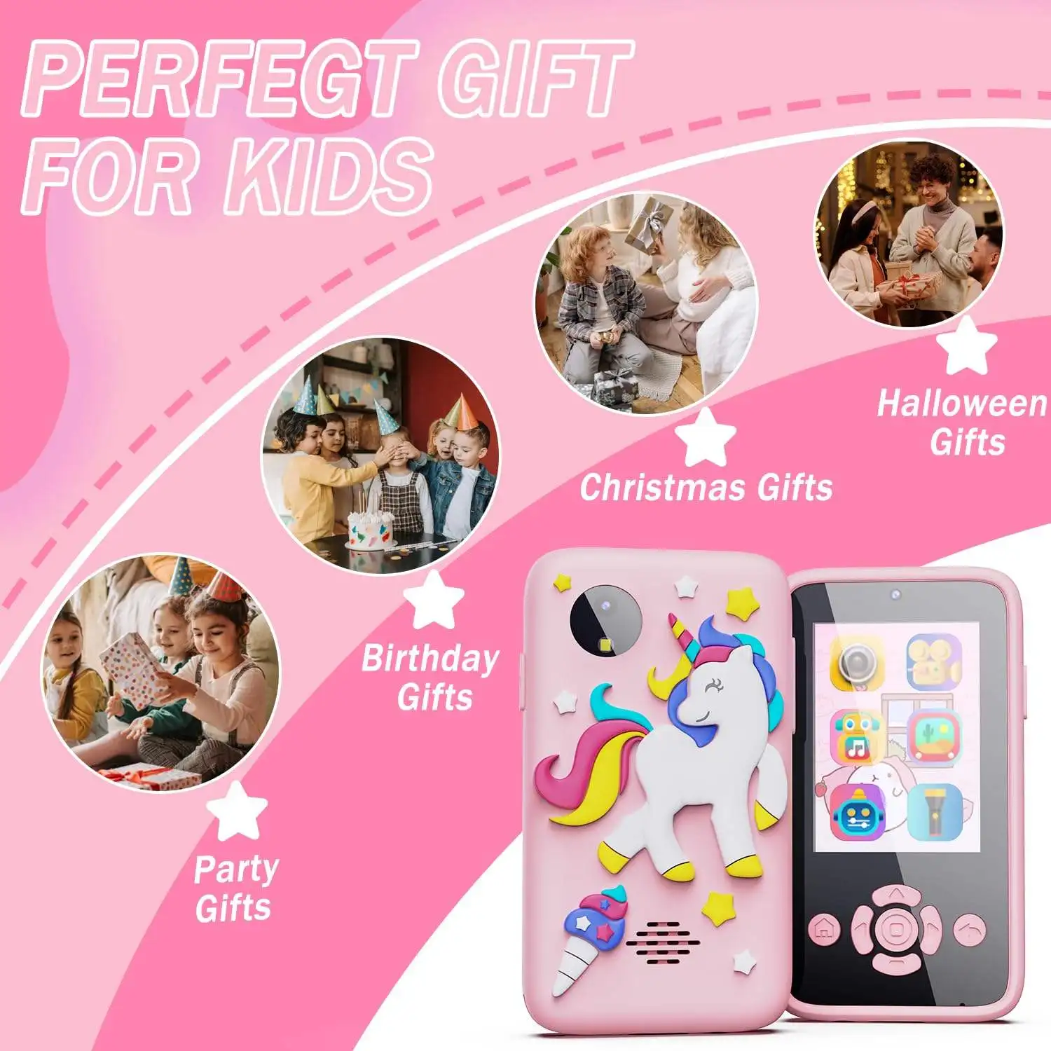 2024 New Children Unicorn  Smart Touch Phone Toy Cross-Mirror Mini Cartoon Digital Phone 2.8 Inch HD Toys Wholesale