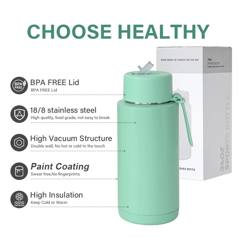 Custom Logo 34oz Double Wall Insulated Vacuum Stainless Steel Ceramic Coated Lined Reusable Water BottleBottles