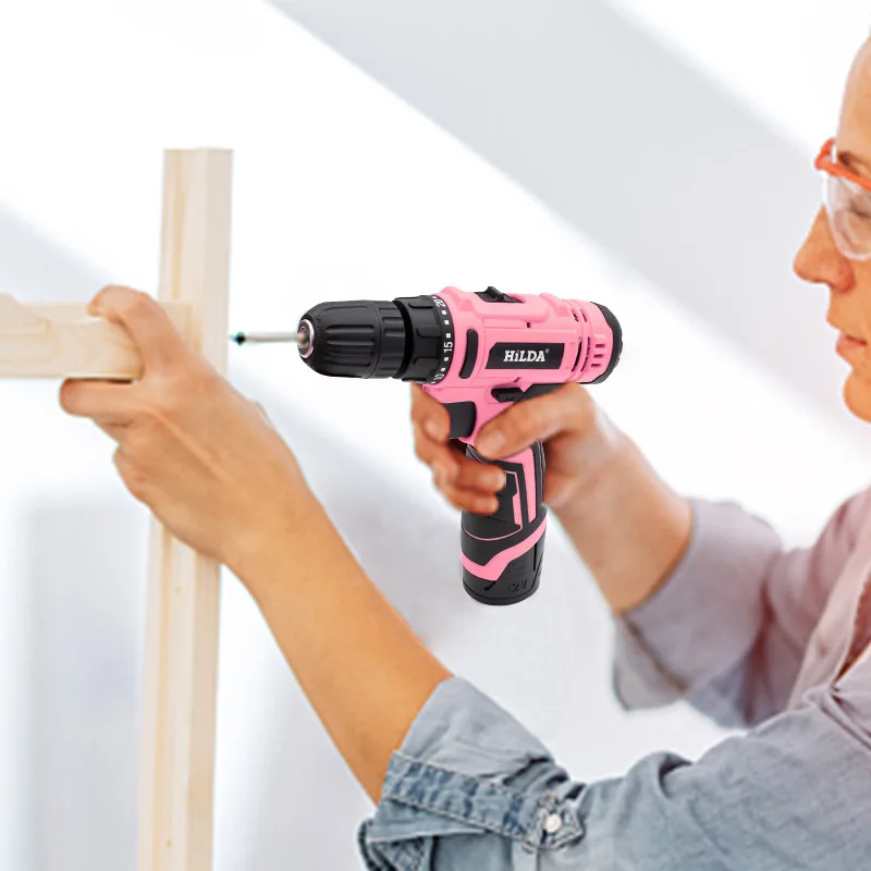 12V Pink Cordless Electric Drill Combo Set for Home Use Chargeable Brushed Motor 1 Battery 1 Charger in Cloth Bag Women Girls