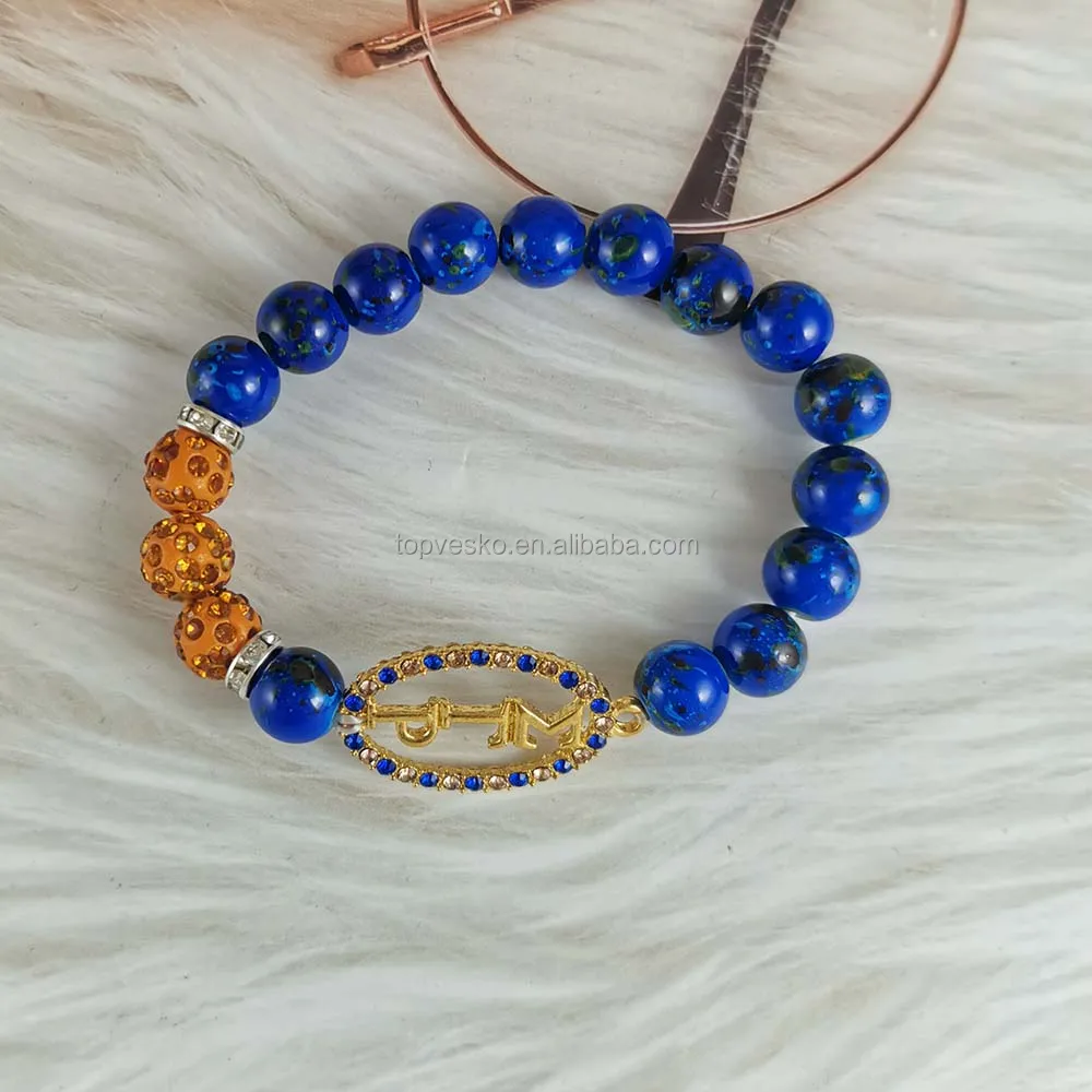 Greek Sorority Organization 1922 Custom Blue String Beaded Bracelets Hand Made Adjustable Imitation Pearl Bracelet