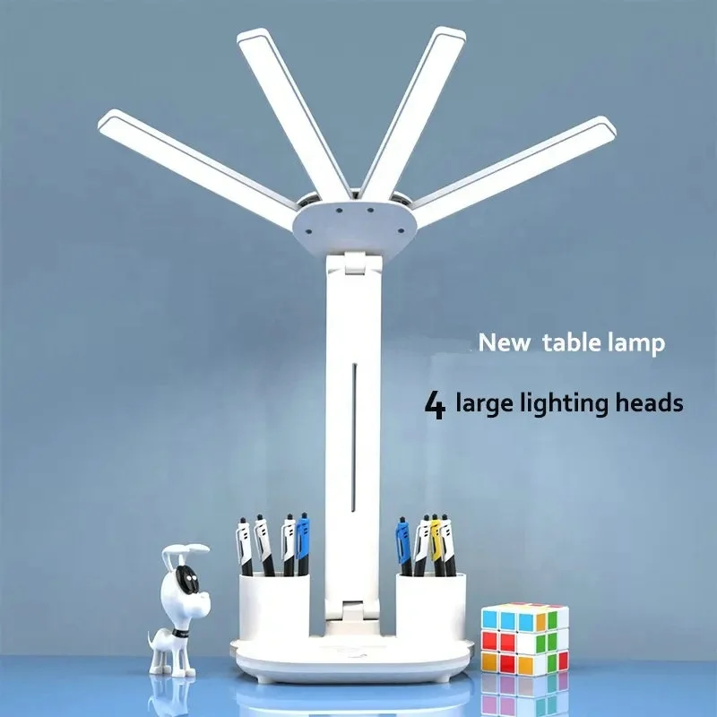 Flexible Four Head Desk Lamps Dimmable Adjustable Stand Table Lamp With Calendar Temperature Clock Night Light For Study Reading