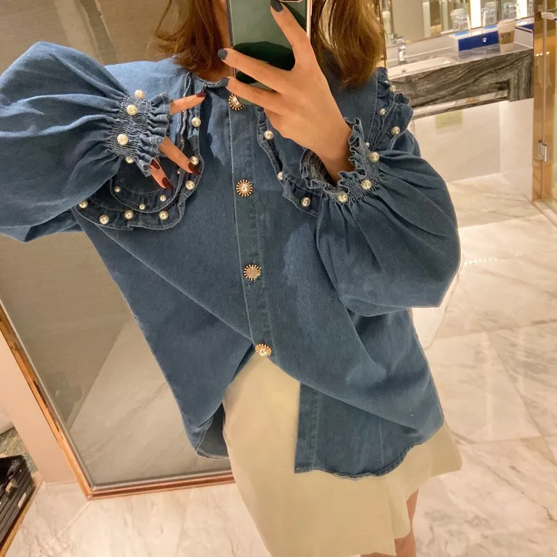 2024 Spring Fashion Streetwear Pearls Beading Layered Ruffled Collar Denim Blouse Women Blusas Lady Jean Shirt Top