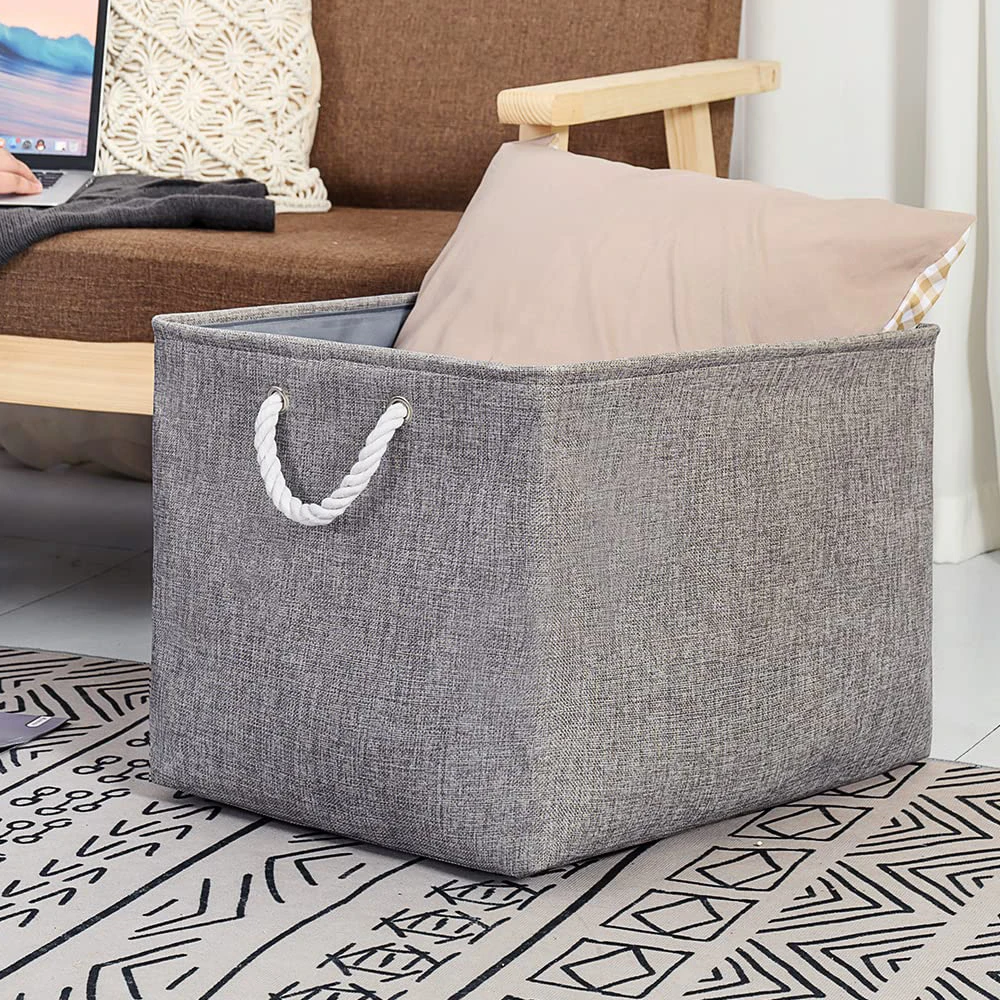 Oversized Foldable Bathroom Storage Basket Box with Handled Linen Fabric for Sundries and Home Storage Organization