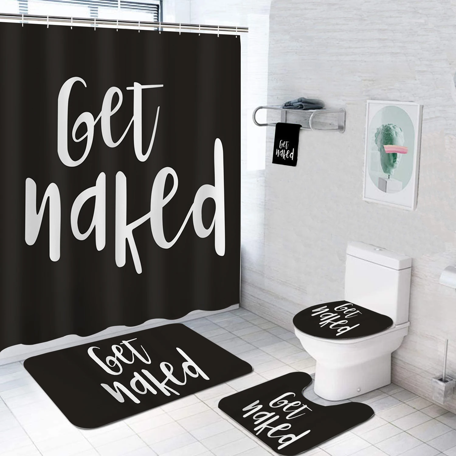 2022 New Custom Printed Shower Curtain Set 4 pieces Get Naked Shower Curtain Sets with Rugs