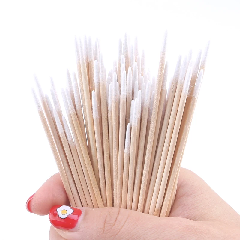 Eco Friendly Disposable Wooden Stick Craft Sharp Pointed Clean Organic Micro Cotton Buds Swabs For Eyelash Cleaner