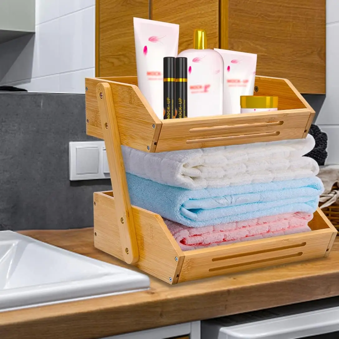 Wholesale 2 Tier Bamboo Fruit Basket,Wooden Storage Tray Fruit Holder,Bamboo Wood Vegetable Stoeage Basket for Kitchen Shelf