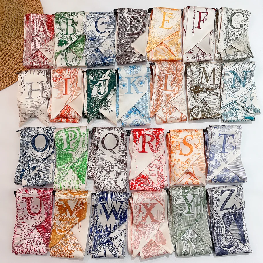 2021 New 26 English Letters Tarot Characters Twill  Bag Narrow Silk Scarf Lady Hair Scarfs