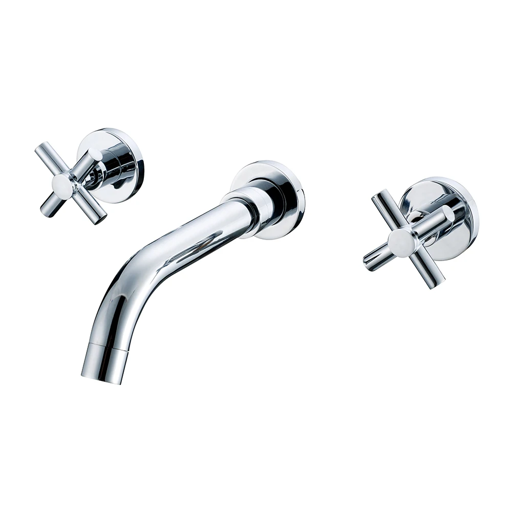 Hot Cold Water Tap Wall Mounted 3 Hole Double Cross Handle Wash Faucet Chrome Finish Brass In-wall Basin Mixer  Tap