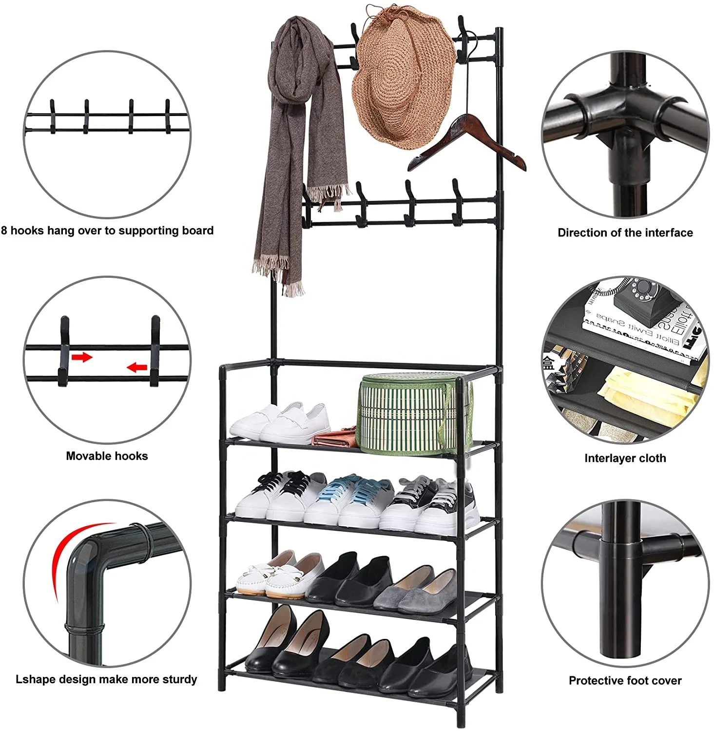 Entryway Coat Rack Hall Tree Shoe Bench 3 in 1 Design Metal Storage Rack with Bag Coat Hat Umbrella Shoe Rack