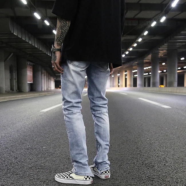 
OEM street light blue washed straight denim jeans ankle zipper slim fit pants casual vintage outdoor trousers stock dropshipping 