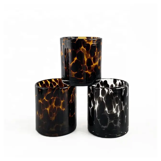 Custom Colorful Amber Black white Luxury Unique Candle Jar Empty Glass Cylinder Handmade Clear Leopard Print jar for candles