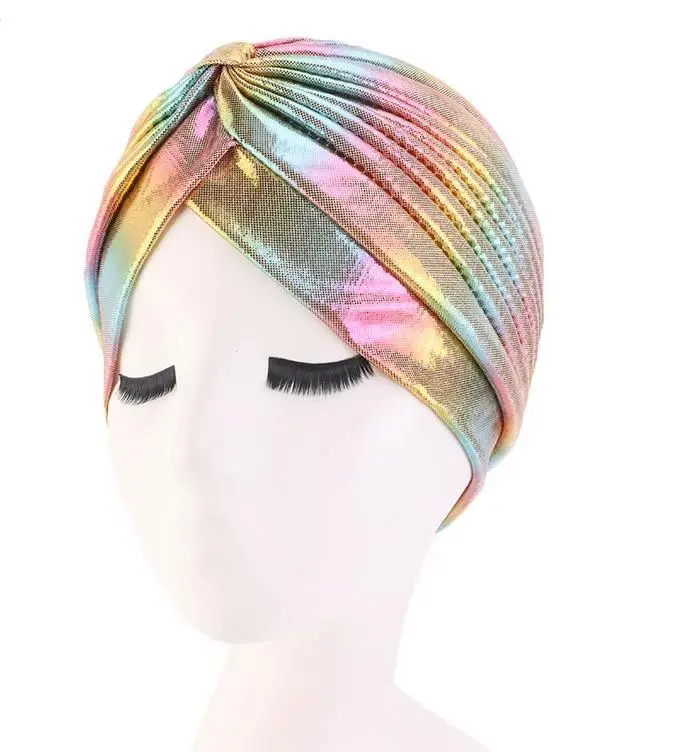 iridescent Laser Bright Stretchable Indian Hat Metallic Arab India Pleated Turban Headwrap Wedding Arabic Turban Men