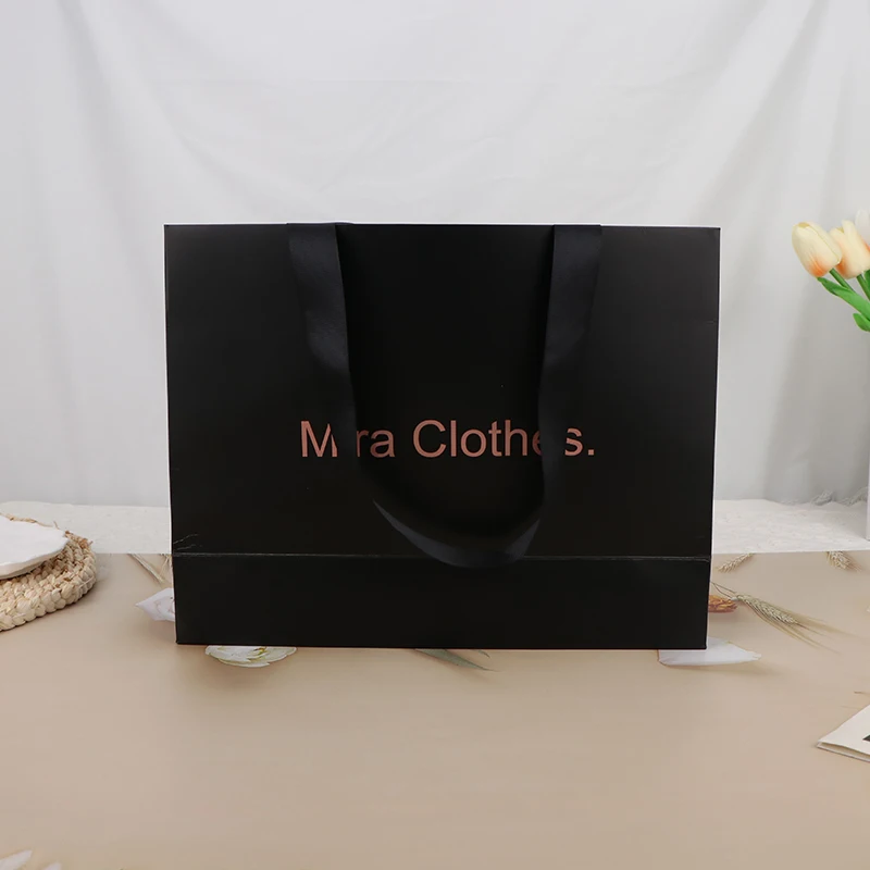 luxury matte black paper gift bags ribbon handle paper shopping boutique packing bag with custom print your logo