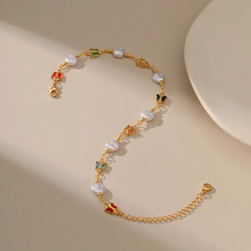 Beautiful Jewelry Gold Enamel Butterfly Anklets With Natural Pearl Fancy Jewellery /