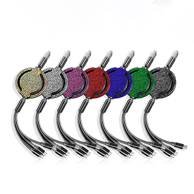 Bling rhinestone  Retractable Fast Charge Usb-C Data-cable Usb Charger Data Line 3 In 1 Micro Type C Cable
