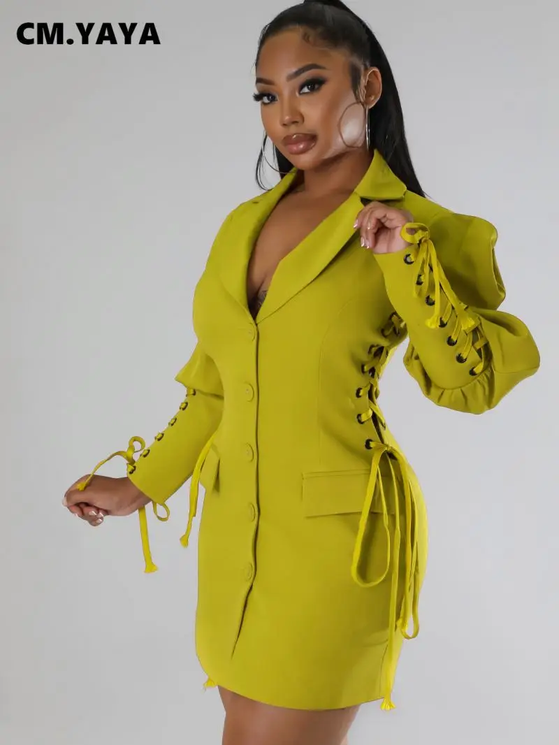 CM.YAYA Women Eyelet Lace Up Lantern Long Sleeve Single Breasted Lapel Neck Blazer Style Midi Dress for Winter Autumn Ins Tops