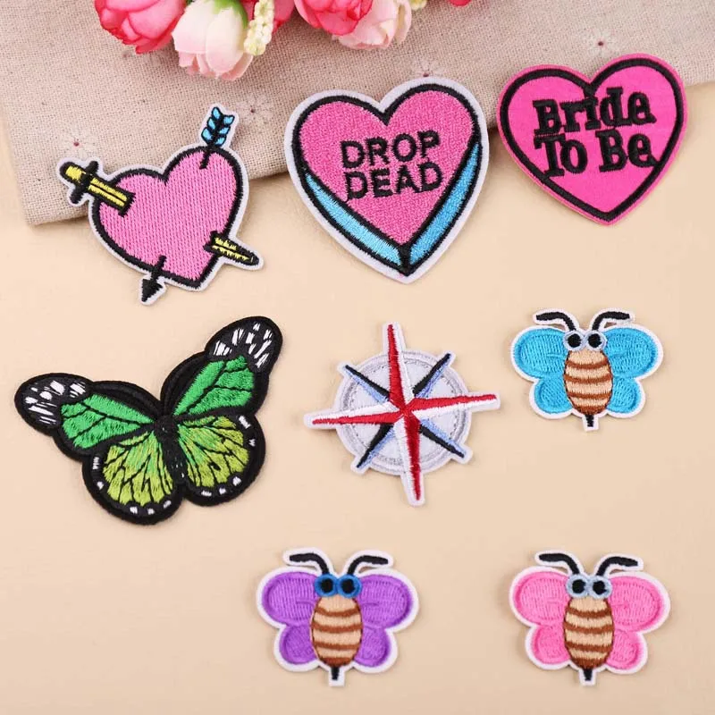 Wholesale Machine Embroidered Cartoon DIY Bee Butterfly and Hearts Clothes Decorative Iron on Patches