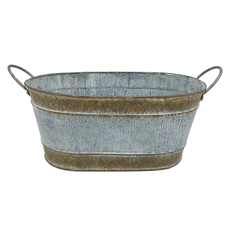 Eco-friendly Grey Planter Oval Vintage Worn And Rusty Flower Pot Metal Pot With Handle