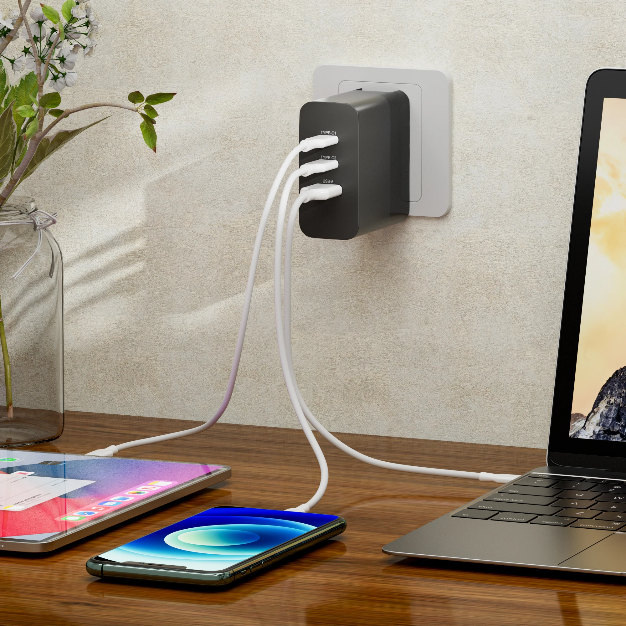 65W GaN USB Charger 3-Port, PD Fast Charger Multiport USB C Wall Charger Power Adapter for MacBook Pro Air, iPad Pro Air