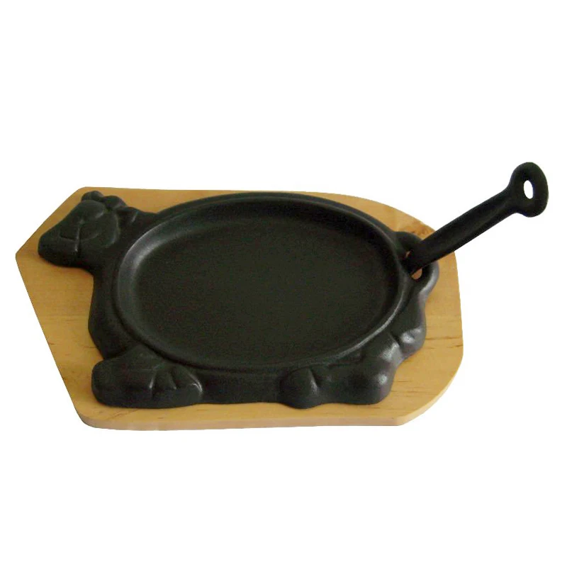 Cow shape 33x20cm Wholesale cast iron frying pan hot plate steak sizzler plate With Wood Underliner base tray stand