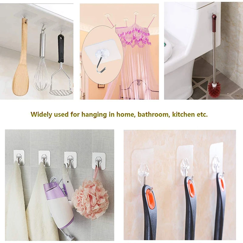 Wall Hooks Transparent Seamless Hooks Waterproof and Oilproof Heavy Duty Self Adhesive Hooks for Kitchens Bathroom Bedroom