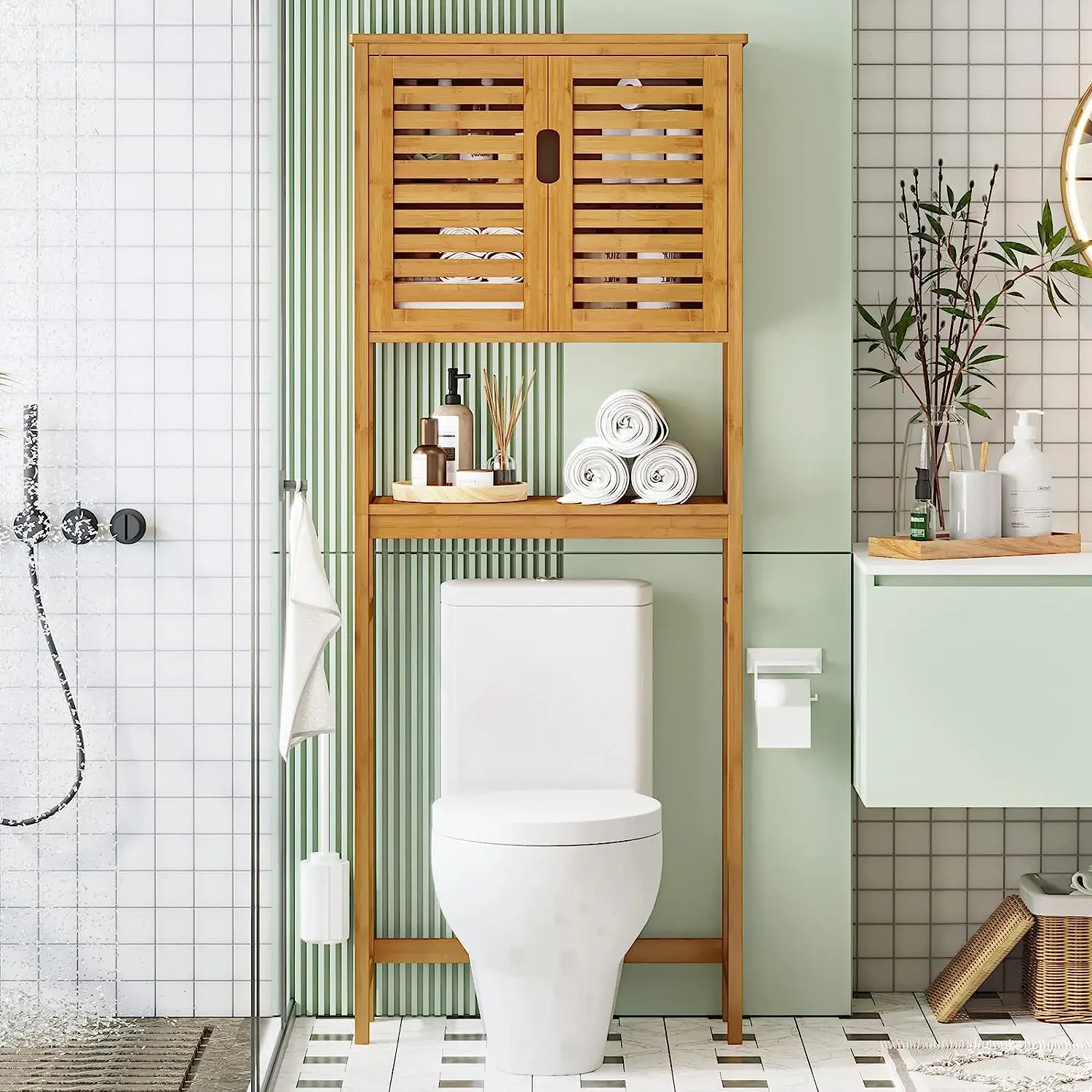 Bamboo Wooden Bathroom Storage Rack Bamboo Toilet Storage Shelf Multilayer Space Saving Adjustable Storage Shelf