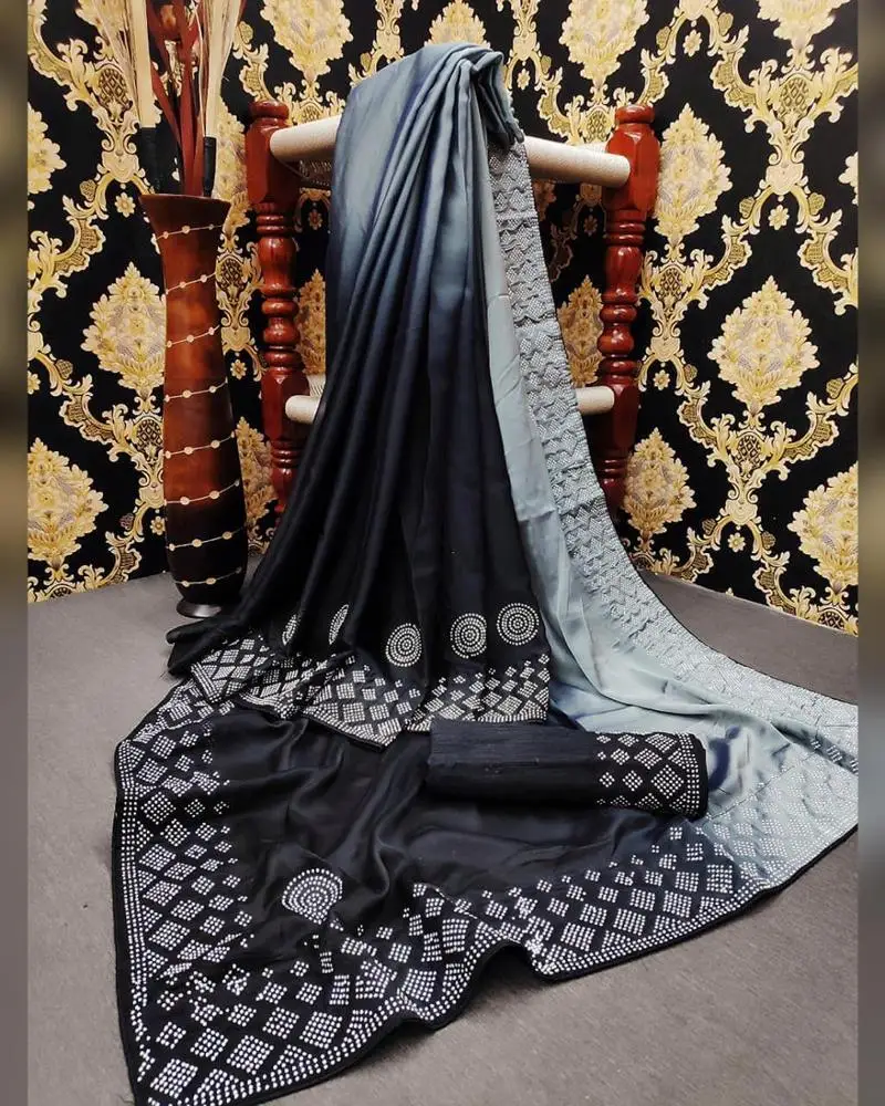 Self Designed Party wear Designer Net and velvet Silk half and half Embroidered Saree with Blouse Indian women